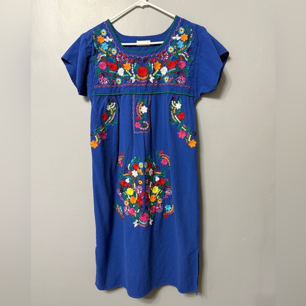 #5)  100% Cotton Blue Embroidered Dress with Floral Design